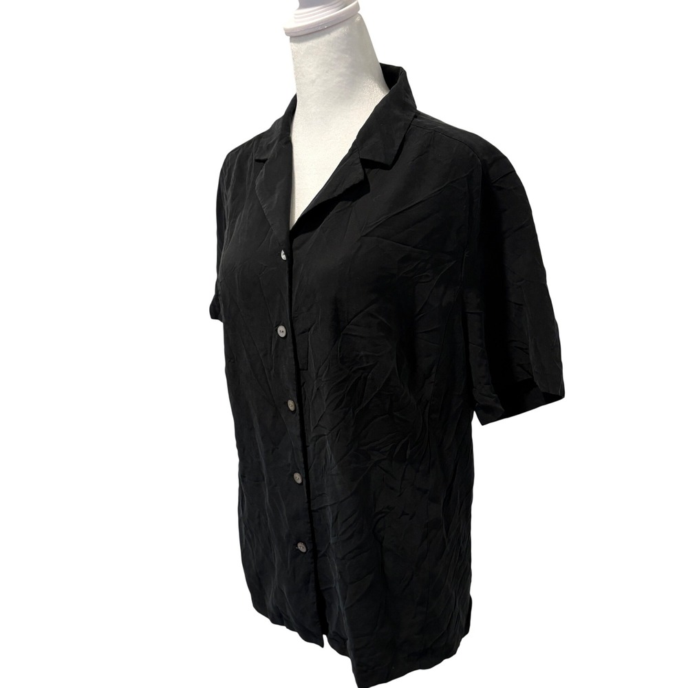 Kate Hill Women Black 100% Silk Short Sleeve Button Down Blouse Size 16W